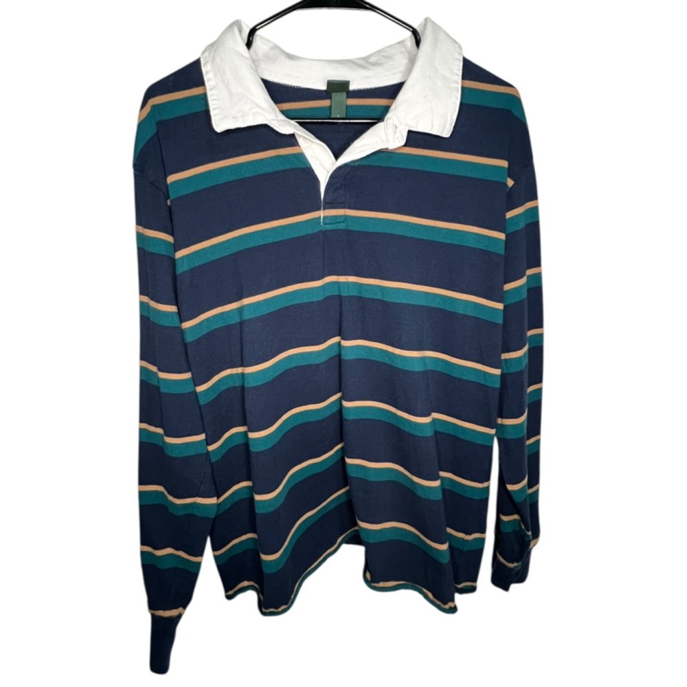 Wild Fable Striped Blue And Green Classic Polo Long Sleeve Collared Rugby Shirt